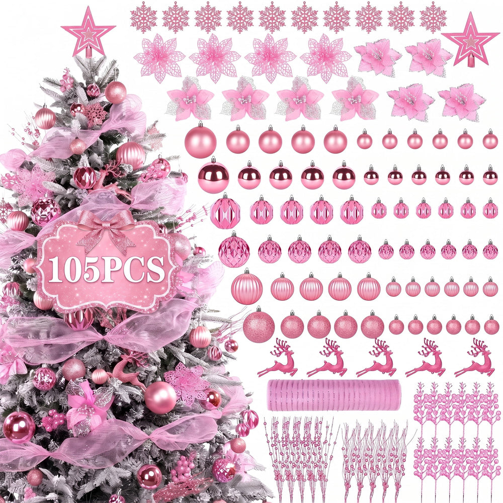 Leyaron Christmas Tree Ornaments, 105PCS Christmas Balls Set with Star Poinsettia Flower Berries Stems for Trees Holiday Xmas Decor, Pink