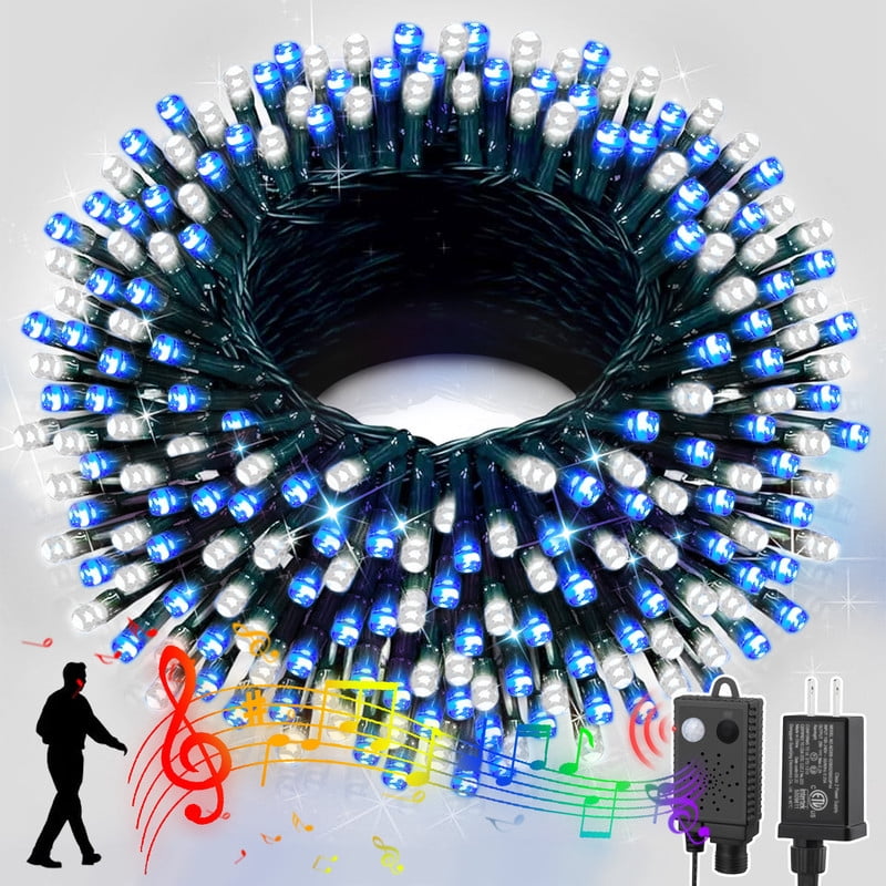Music Blue and White String Lights with Motion Sensor Controller, 100 LED Christmas Decoration Light, Flashing Waterproof for Indoor Outdoor Christmas Tree Party Yard