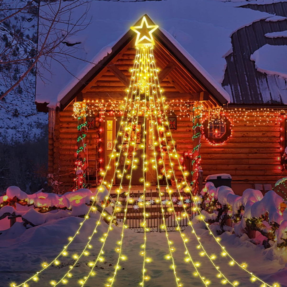 Outdoor Christmas Decoration Star String Lights,304 LED Waterfall Christmas Tree Lights,10 ft 8 Light Modes Indoor Outside Decoration Lights for Party, Yard, Garden, Holiday, Home Decor (Warm White)