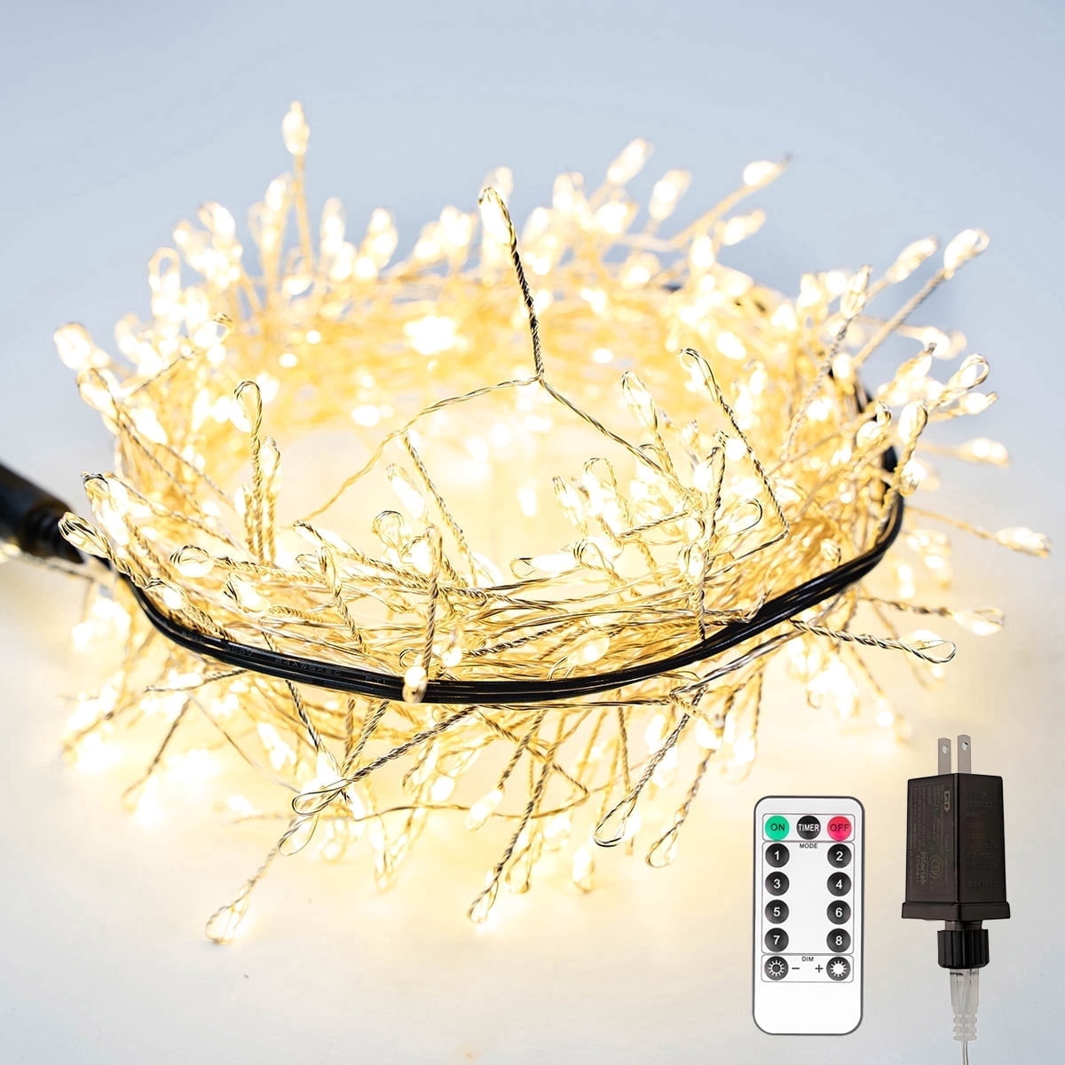 RESNICE Cluster Fairy Lights 50FT Firecracker String Lights 500 LED Warm White Plug in Indoor Silver Wire String Lights with Remote for Christmas Tree,Plant,Garden,Patio,Backyard
