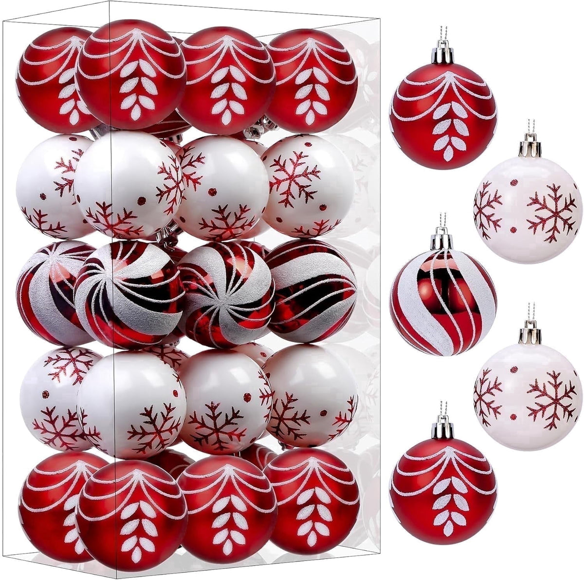  30ct Christmas Ball Ornaments, 2.36 in Shatterproof Xmas Tree Decorations, Plastic Baubles for Holiday, Party, Wedding, or Home Decor, Red & White