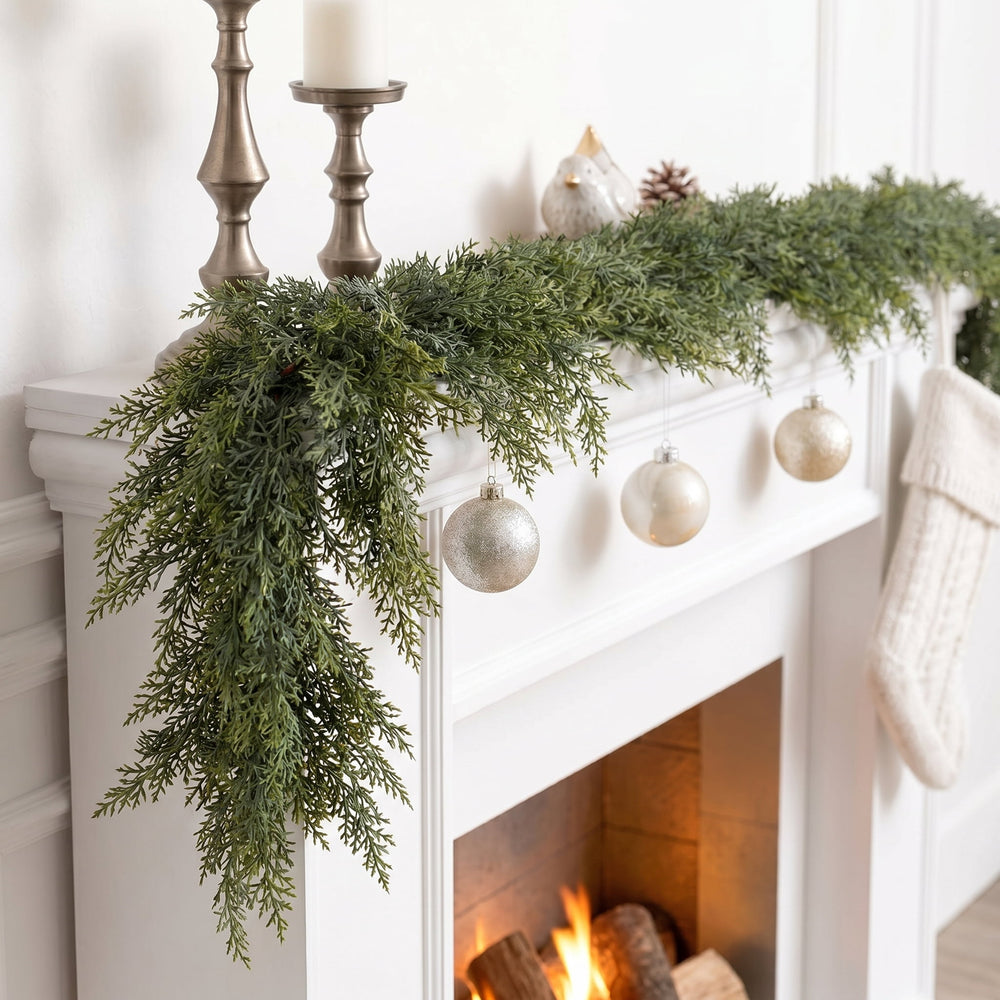 TETOU 1pc 6ft Christmas Cedar Garland,Artificial Realistic Cedar Pine Needles Greenery Garland for Christmas Holiday Winter Wall Mantle Fireplace Table Indoor Decor