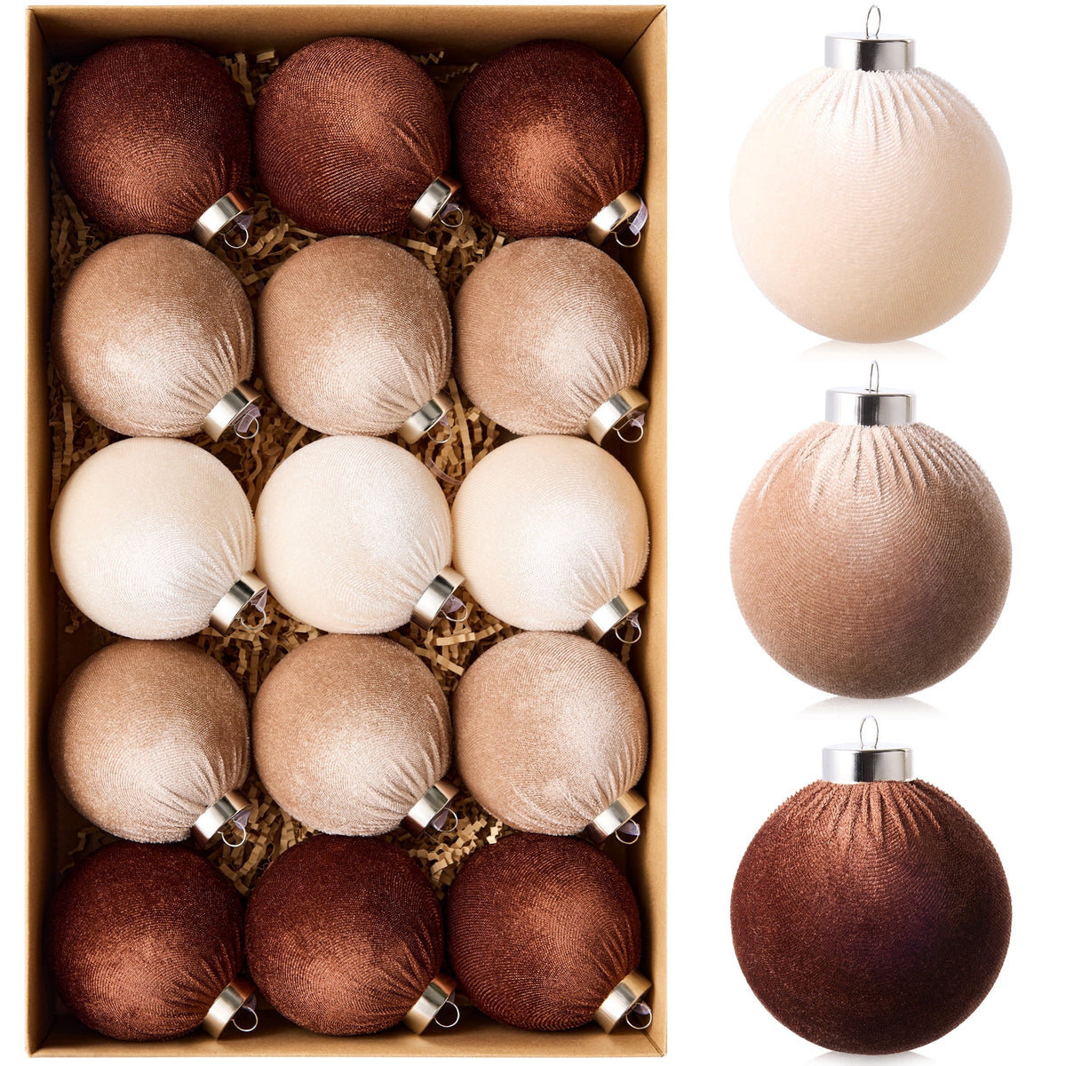  15 Pcs Fabric-Wrapped Christmas Ball Ornaments - 3.2 Inch Large Shatterproof Christmas Tree Decorations in Ivory, Khaki and Dark Brown for Farmhouse, Woodland and Holiday Decor