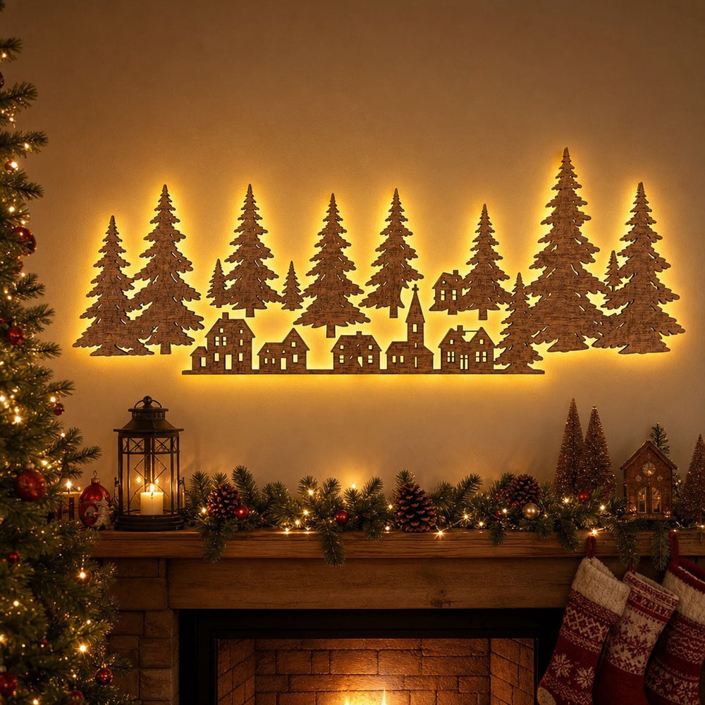 Wodellrrea Christmas Forest Wall Decor, Lighted Wooden Village, Holiday Wall Art, Individual LEDs, Brown Tree and Town Scene with Included Lights and Stickers for Indoor Seasonal Decorating