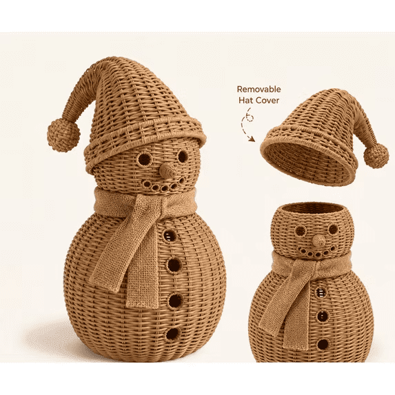 Woven Christmas Snowman Ornament, Wicker Snowman-Shaped Natural Rattan Tabletop Decor with Hat & Scarf, Ideal Holiday Home Mantel Decoration