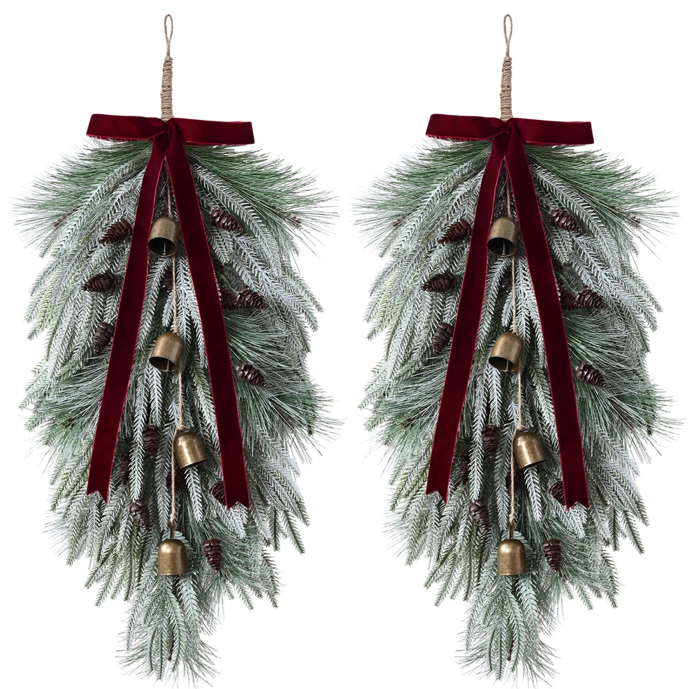 Yastouay 2 Pack 28in Christmas Swag , Artificial Norfolk Pine Door Swag with Red Velvet Bow Bells Pinecones for Indoor Outdoor Christmas Decor