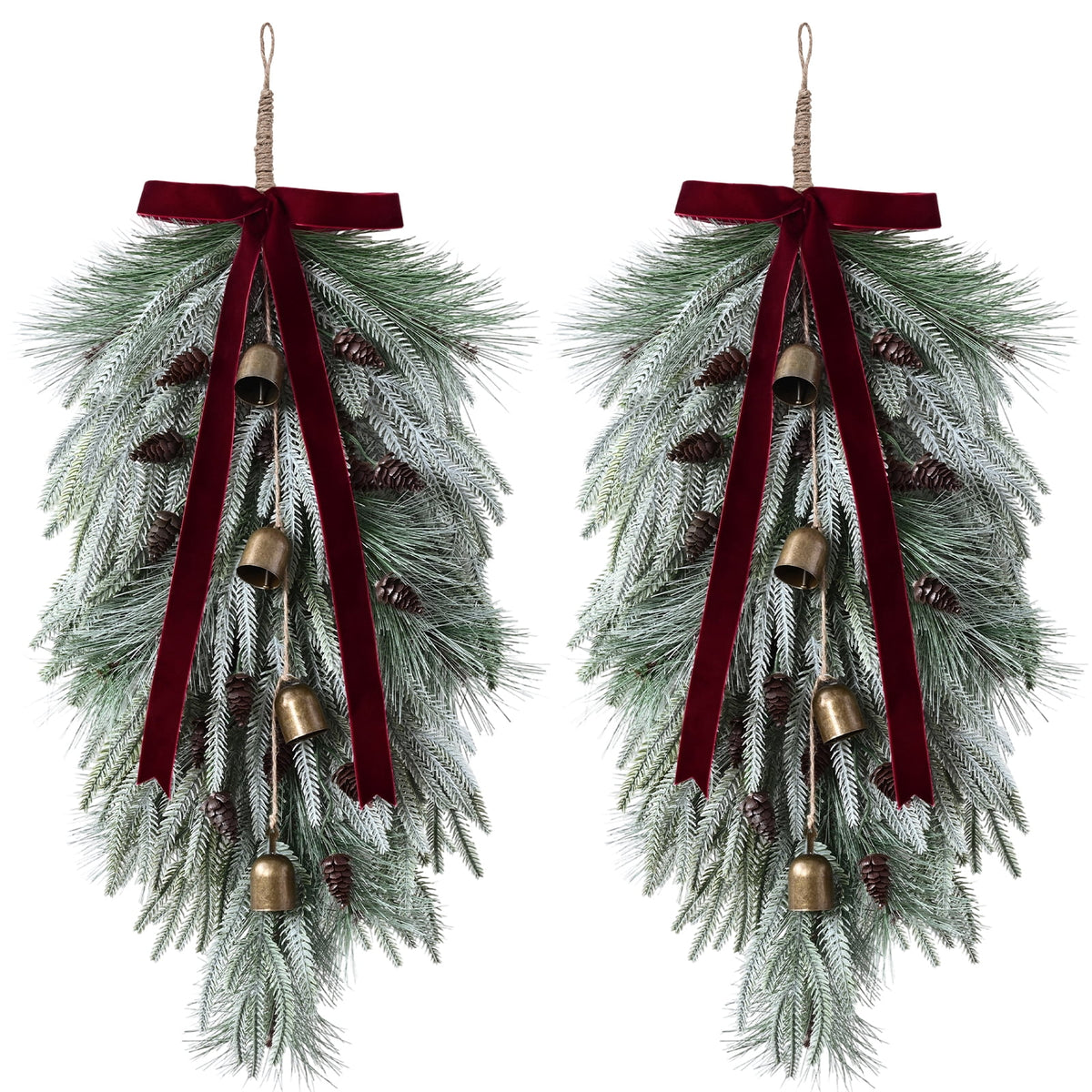 Yastouay 2 Pack 28in Christmas Swag , Artificial Norfolk Pine Door Swag with Red Velvet Bow Bells Pinecones for Indoor Outdoor Christmas Decor