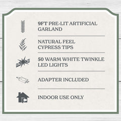 My Texas House Cypress Pre-Lit Warm White LED Artificial Christmas Garland, Green, 9'