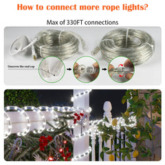 Beatineon 33FT Rope Lights Outdoor with Remote,Cuttable Connectable,300LEDs Strip Lights with Adjustable Brightness Waterproof with Plug for Patio, Christmas Decoration (White)