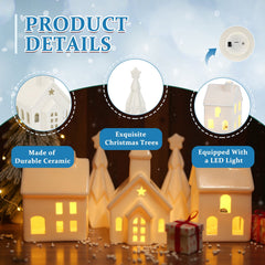 Ceramic Christmas Village Set - Includes 3 Illuminated Houses & 2 Trees with Battery Powered LED Lights - Festive Holiday Decor for Christmas, Thanksgiving & Hanukkah