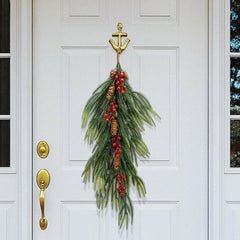2 Pcs Christmas Teardrop Swag with Berries and Pinecones, 28'' Artificial Faux Berry Pine Branch Teardrop Door Swag, Real Touch Norfolk Wreath Staircase Swags for Xmas Door Mantle Fireplace Decor