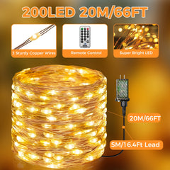 Fairy Lights Plug in with Remote, 66FT 200 LED Outdoor Waterproof String Lights with Timer and 8 Modes, for Indoor Bedroom Patio Garden Wedding Decor, Warm White