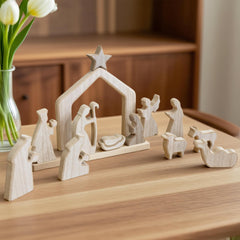 Nativity Set Christmas Decor,13Pcs Lovely Wooden Christmas Nativity Scene Miniature Holy Family Figurines, Minimalism Boho Christmas Decorations for Indoor Shelves Mantel Tabletop Display