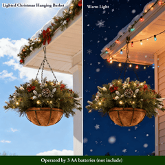 Artificial Christmas Hanging Basket with LED String Lights Christmas Hanging Plant Basket Artificial Flowers with Frosted Pine Needles Pinecones Red Berries Fake Plants Faux Decor for Xmas Decor