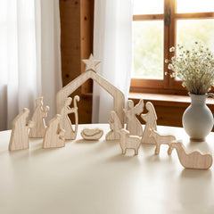 Nativity Set Christmas Decor,13Pcs Lovely Wooden Christmas Nativity Scene Miniature Holy Family Figurines, Minimalism Boho Christmas Decorations for Indoor Shelves Mantel Tabletop Display