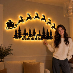 Clearance! Lighted Santa Sleigh and Reindeer Wall Decor,Christmas Village Wooden Wall Light with Remote Control, Peel and Stick Holiday Decoration , 59.1"