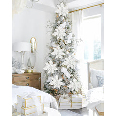 Briful 9'' Christmas Poinsettia Flowers 8PCS Glitter Artificial Flowers Large Christmas Ornament Flowers for Xmas Tree Wreath Garland Decoration White