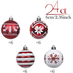 Christmas Valentines Ornaments Tree Decorations, 24ct Red and White Shatterproof Christmas Ball Ornaments Set, 2.36 Inch Hanging Ornament Bulk for Xmas Holiday Party Decor