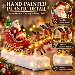 Trendy Christmas Santa Claus Sleigh Decoration - Festive Scene Decor with Reindeer, Hand-Painted Detailed Design for Mantel, Tabletop, Living Room & Home Holiday Displays, 31.5*6.5*16cm, Red