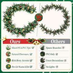 9ft Pre-Lit Christmas Garland, PE/PVC Mixed, 80 LED Lights w/ 8 Modes & Timer for Outdoor Indoor Xmas Decoration Fireplace Stairs Doorway Railings Decor