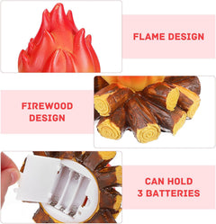 ABCISI LED Fake Campfire Lamp, Battery Powered Artificial Fire, Fake Flame with Realistic Log Flameless Candle for Halloween Christmas Campfire Party Decorations