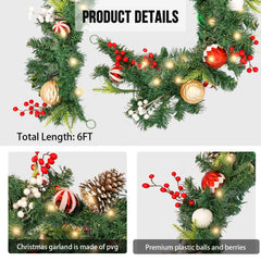 6 FT Garland Christmas Decorations, Battery Operated Lighted Garland Indoor with Red Berries, Candy Balls, Pinecones and Lush Branches, 25 Warm LED Lights 3 Modes, Christmas Garland for Mantle