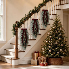 Yastouay 2 Pack 28in Christmas Swag , Artificial Norfolk Pine Door Swag with Red Velvet Bow Bells Pinecones for Indoor Outdoor Christmas Decor