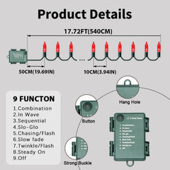 2 Pack 50 LED Outdoor Christmas Lights, 16 FT Mini String Light with 9 Modes & 6 Hour Timer, Waterproof Battery Operated for Indoor Outdoor Patio Garden Party Tree Valentine's Day Decoration, red
