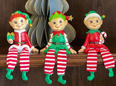 Happy & Smiling Elves W Dangling Legs Poly W Fabric Christmas Winter Elf Sitter Decoration Collectible Figurine Indoor Ornament 8.5" H Set of 3