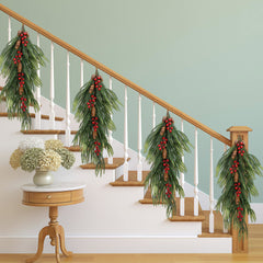 2 Pcs Christmas Teardrop Swag with Berries and Pinecones, 28'' Artificial Faux Berry Pine Branch Teardrop Door Swag, Real Touch Norfolk Wreath Staircase Swags for Xmas Door Mantle Fireplace Decor