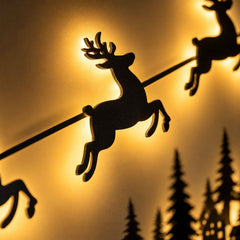Clearance! Lighted Santa Sleigh Reindeer & Village Scene Wall Decor, 60" Wooden LED Christmas Silhouette Wall Art for Indoor Holiday Home Christmas Decoration, Gift for Family Friends