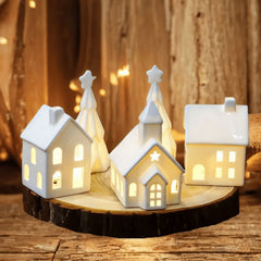 Ceramic Christmas Village Set - Includes 3 Illuminated Houses & 2 Trees with Battery Powered LED Lights - Festive Holiday Decor for Christmas, Thanksgiving & Hanukkah