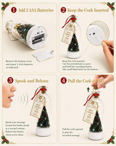 Recordable Christmas Tree in a Bottle, 3pc 30 Second Voice Recorder Ornaments for Mantel, Shelf and Holiday Decor Gifts, 7.1in