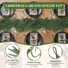  9FT Real Touch PE Christmas Garland, Artificial Norfolk Pine Garland for Mantel, Stair Railing, Christmas Tree, Xmas Decoration for Indoor & Outdoor, Green