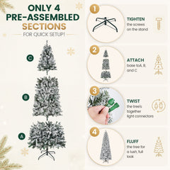 FUNDAZE 6FT Pre-Lit Snow Flocked Slim Artificial Christmas Tree, 550 Tips, 200 Dual-Color LED Lights & 11 Modes for Home, Party & Garden