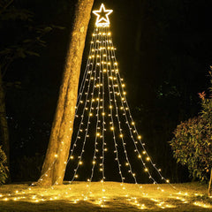 Outdoor Christmas Decoration Star String Lights,304 LED Waterfall Christmas Tree Lights,10 ft 8 Light Modes Indoor Outside Decoration Lights for Party, Yard, Garden, Holiday, Home Decor (Warm White)