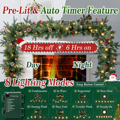 9ft Pre-Lit Christmas Garland, PE/PVC Mixed, 80 LED Lights w/ 8 Modes & Timer for Outdoor Indoor Xmas Decoration Fireplace Stairs Doorway Railings Decor