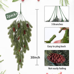 RECUTMS Artificial Pine Branches with Pine Cones Green Plants Pine Needles DIY Accessories for Wreath Christmas and Home Garden Decoration (2 Pieces, Dark Green)