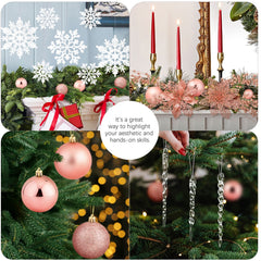  92Pcs Christmas Tree Decorations Includes Poinsettia Christmas Flowers, Ball Ornaments, Artificial Glitter Berry Stems, Snowflake and Icicle Drop Crystal Ornaments | Rose Glod