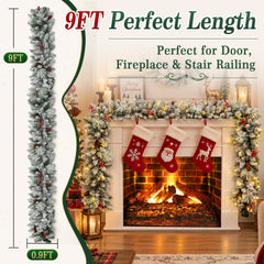 9ft Pre-Lit Snow Flocked Christmas Garland with 80 LED Lights w/ 8 Modes & Timer for Outdoor Indoor Xmas Decoration Fireplace Stairs Doorway Railings Decor,1 Pack