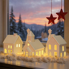 Ceramic Christmas Village Set - Includes 3 Illuminated Houses & 2 Trees with Battery Powered LED Lights - Festive Holiday Decor for Christmas, Thanksgiving & Hanukkah