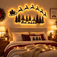 Clearance! Lighted Santa Sleigh Reindeer & Village Scene Wall Decor, 60" Wooden LED Christmas Silhouette Wall Art for Indoor Holiday Home Christmas Decoration, Gift for Family Friends