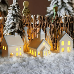 Ceramic Christmas Village Set - Includes 3 Illuminated Houses & 2 Trees with Battery Powered LED Lights - Festive Holiday Decor for Christmas, Thanksgiving & Hanukkah
