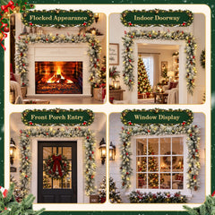 9ft Pre-Lit Snow Flocked Christmas Garland with 80 LED Lights w/ 8 Modes & Timer for Outdoor Indoor Xmas Decoration Fireplace Stairs Doorway Railings Decor,1 Pack