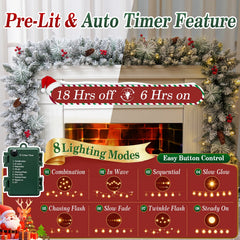 9ft Pre-Lit Snow Flocked Christmas Garland with 80 LED Lights w/ 8 Modes & Timer for Outdoor Indoor Xmas Decoration Fireplace Stairs Doorway Railings Decor,1 Pack
