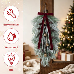 Yastouay 2 Pack 28in Christmas Swag , Artificial Norfolk Pine Door Swag with Red Velvet Bow Bells Pinecones for Indoor Outdoor Christmas Decor
