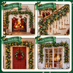9ft Pre-Lit Christmas Garland, PE/PVC Mixed, 80 LED Lights w/ 8 Modes & Timer for Outdoor Indoor Xmas Decoration Fireplace Stairs Doorway Railings Decor