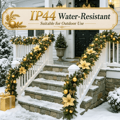 9ft Pre-Lit Christmas Garland, PE/PVC Mixed, Big Gold Flowers, 80 LED w/ 8 Modes & Timer for Outdoor Indoor Xmas Decoration Fireplace Stairs Doorway Railings Decor
