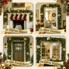 9ft Pre-Lit Christmas Garland, PE/PVC Mixed, Big Gold Flowers, 80 LED w/ 8 Modes & Timer for Outdoor Indoor Xmas Decoration Fireplace Stairs Doorway Railings Decor