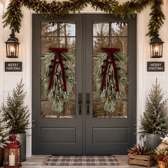 Yastouay 2 Pack 28in Christmas Swag , Artificial Norfolk Pine Door Swag with Red Velvet Bow Bells Pinecones for Indoor Outdoor Christmas Decor